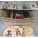 Postcards, all world selection in box, loose and in green album and a selection of Birthday