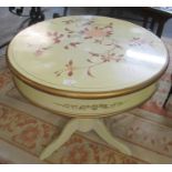 Modern cream and gilded drum tripod table, the top decorated with flowers and foliage. (B.P. 21% +