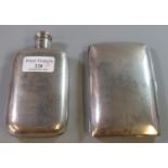 Silver hip flask of rectangular form, 4.89 troy ozs approx. Together with a silver cigarette case,