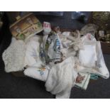 Two boxes of assorted good quality vintage textiles and linen tableware to include; crochet