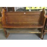 Late 19th early 20th century pitch pine church pew. Length 144cm approx. (B.P. 21% + VAT)