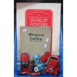 Box comprising vintage play worn diecast vehicles, together with a vintage purse with coins, Kodak