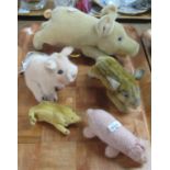 A tray of Steiff soft toy pigs, gold and silver studs and labels to ears, together with a knitted