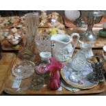 Tray of assorted items: white ceramic embossed jugs, glass paperweights, Murano style glass