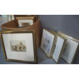 Box of assorted furnishing pictures, including: E J Maybery watercolour of a bridge, botanical