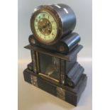 Late 19th/early 20th century black slate and marble two train drum head mantle clock with ceramic