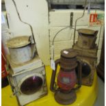 Two similar vintage railway lanterns, together with a 'Chalwyn' gas lamp. (3) (B.P. 21% + VAT)