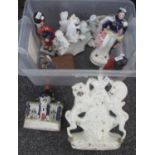 Box of mostly china to include; Staffordshire pottery flatback of a lion and unicorn clock group,