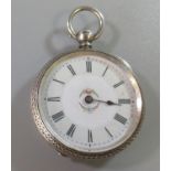 Small silver pocket watch with foliate engraved case, and Roman numerals, engraved to the back plate