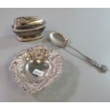 Art Nouveau silver commemorative spoon by 'PE & Sons', together with a silver heart shaped bonbon