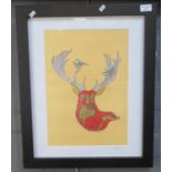 After P.A Robbins, stag's head with other animals and birds, coloured print, signed to the mount