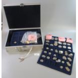 Small aluminium coin collectors case containing a collection of English silver and other coins,