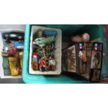 Box of assorted toys to include; play worn diecast vehicles: Tamya and other Airfix kits, modern toy