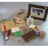 Box of oddments, to include: photograph frame, various sea shells, tin cigar boxes, silk cards,