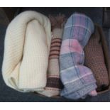 Box of four vintage woollen blankets; a crochet plain cream, two multi-coloured check and a