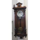 Early 20th century walnut two train 'Vienna' type wall clock with weights and pendulum. (B.P.