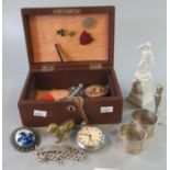 Leather jewellery box containing assorted items including; 9ct gold earrings, 9ct gold fob and 9ct