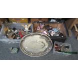 Two boxes of assorted items to include; a verdigris metal fish ornament, a silver plate presentation