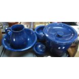 Blue pottery chamber set: jug and bowl, chamber pot, pail and lidded soap dish. (5) (B.P. 21% + VAT)