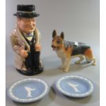 Collection of ceramics, to include: Aynsley Alsatian porcelain figurine, Royal Doulton character jug