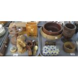 Two trays of mostly treen items to include; carved wooden centre bowls, boxes, oriental wooden