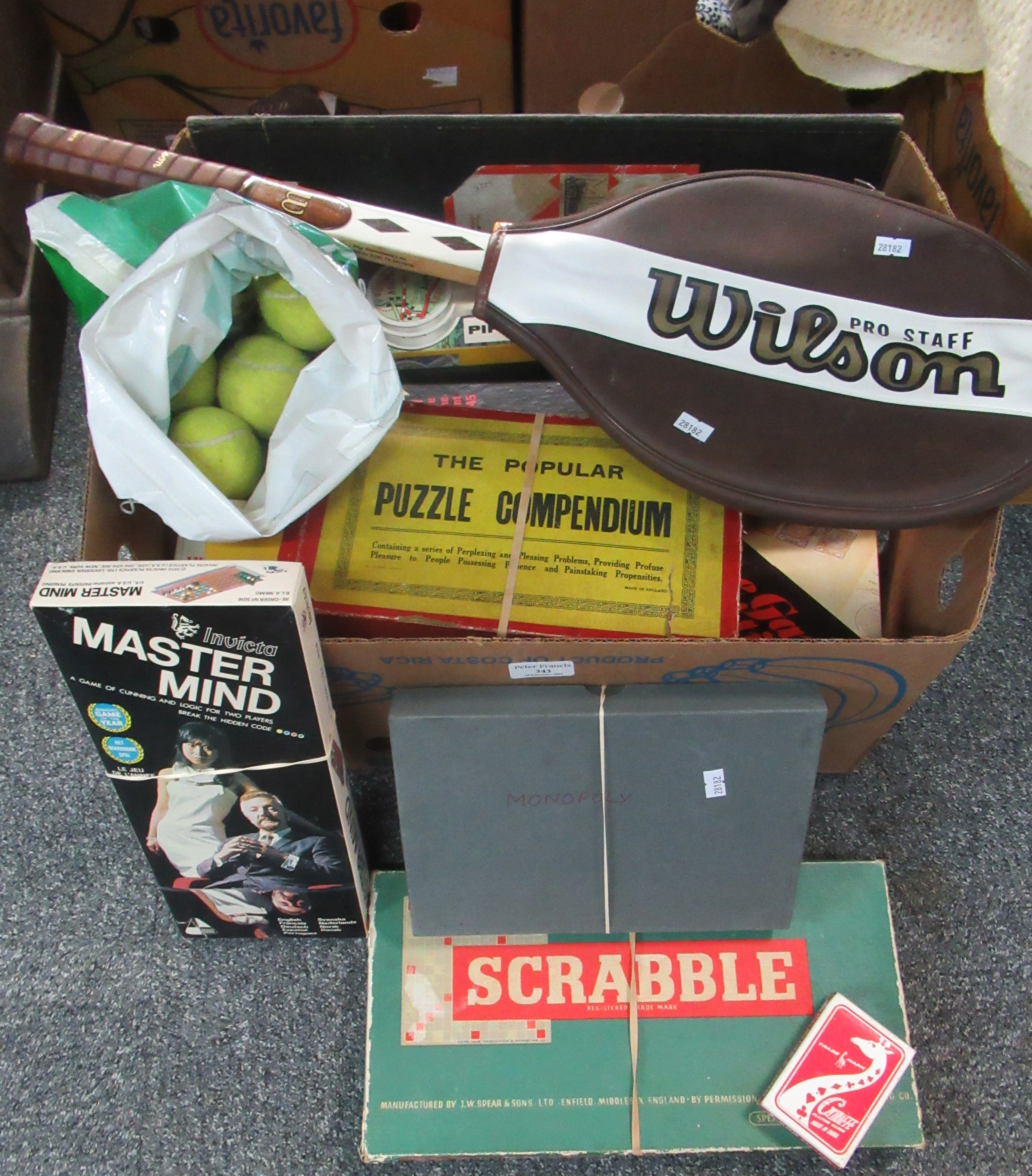 Box of assorted vintage games etc to include: Monopoly, Scrabble, Panzerblitz, Lexicon,
