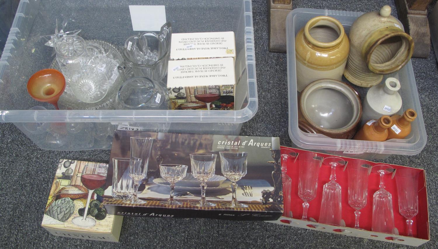 Box containing various glassware; boxed Cristal D' Arques French champagne flutes, Dartington