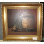 British school (early 20th Century), still life study of pipe and tobacco jar, oils on board. 21 x