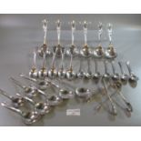 Plastic tub of silver and silver plated flatware to include; six silver teaspoons, silver sugar