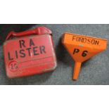 Vintage red R.A Lister two gallon 'petroleum spirit highly inflammable' petrol can, together with