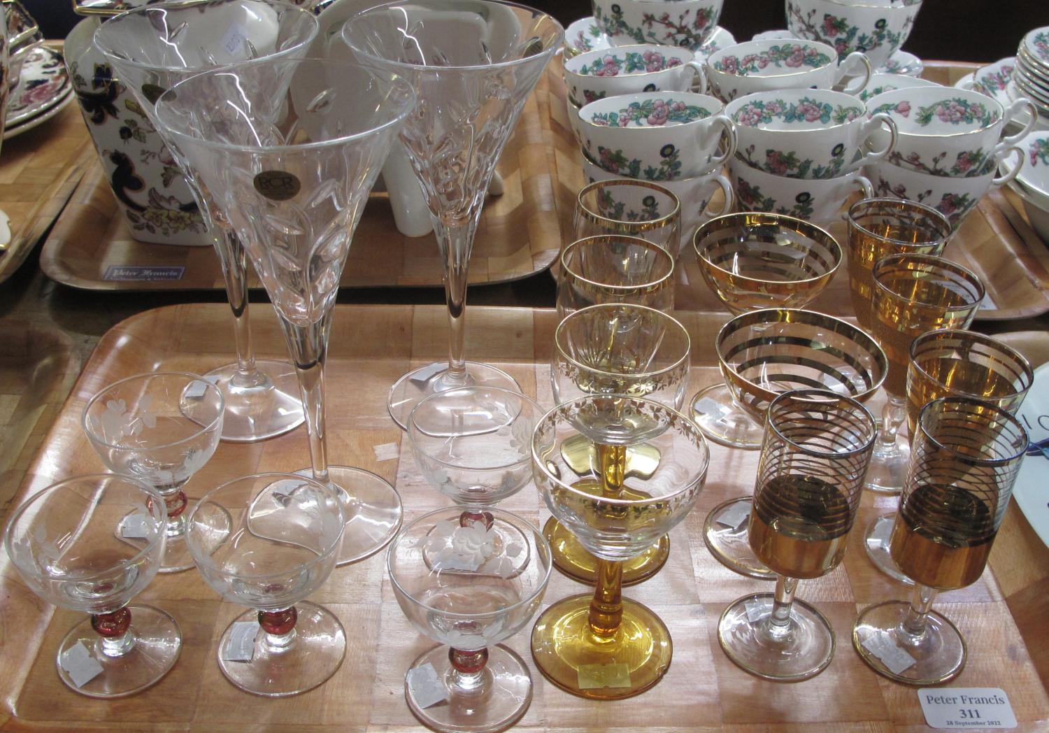 Tray of glassware to include; Royal Crystal Rock cocktail glasses, various liqueur glasses; some