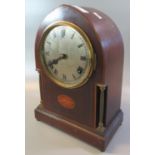 Edwardian inlaid mahogany lancet shaped two train mantle clock. 32cm high approx. (B.P. 21% + VAT)