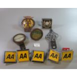 Box of vintage 'AA' and 'RAC' badges, 'Oxford and District dales Representatives Association' badge,