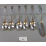 Set of five silver spoons engraved and with initials, together with a similar 19th Century fish