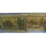 Two large framed oleographs, country scenes with figures and cottages. 47x72cm approx.. Framed and