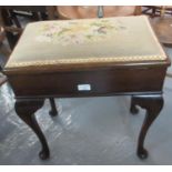 Early 20th Century mahogany piano stool on cabriole legs, the hinged lid revealing a tray of