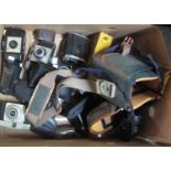 Box of assorted cameras and camera equipment to include; Ilford Sporti 4 camera, various Kodak