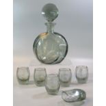 Scandinavian design glass decanter and stopper with a set of six smokey shot glasses. (7) (B.P.