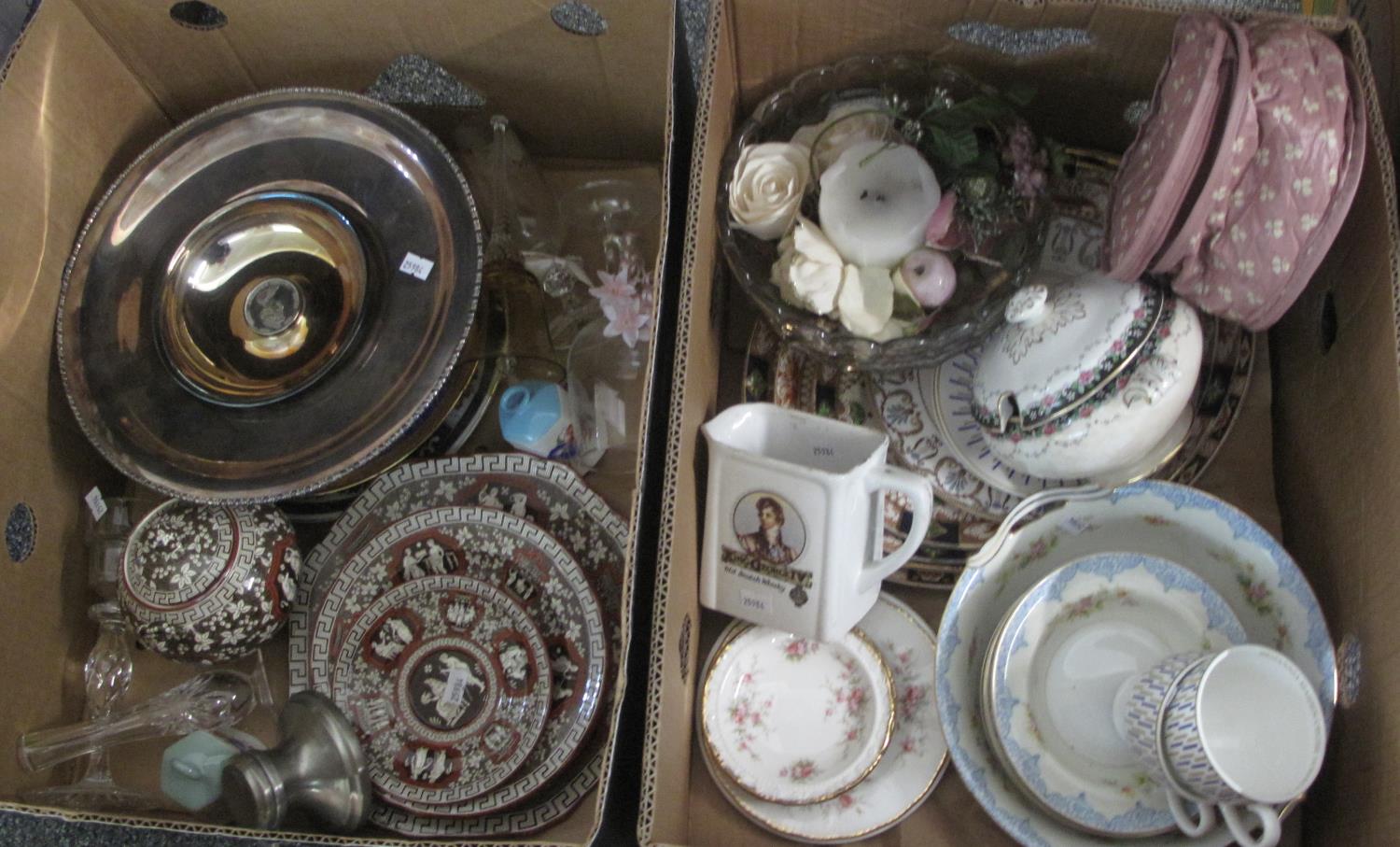 Two boxes of assorted items to include; Copeland Spode 'Greek' design plates and lidded pot, glass