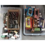 Two boxes of trains and rolling stock, some in original boxes to include; Airfix railway system,