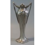Art Nouveau design white metal, probably pewter, two handled tapering ovoid vase with mask mounts.