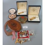 Box of oddments to include; a souvenir Jerusalem folding hand mirror, gentleman's stud set, lady's