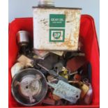 Plastic tub of vintage car keys, including: Renault, VW Polo, Mazda, Ford Sierra, BP Gear oil tin