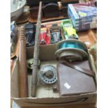 Box containing collection of vintage fishing reels, wooden and brass reel in, possibly, original