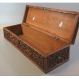 Indian heavily carved, probably sandalwood, rectangular shaped box with hinged cover, overall with