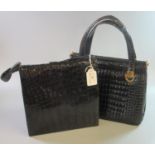 Two vintage black ladies crocodile or alligator handbags, one marked 'Waldybag' and suede lined. (2)