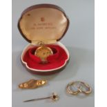 Small 14ct gold outer cased fancy keyless fob watch, a pearl and stone set stick pin, a 9ct gold