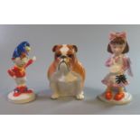 Three Royal Doulton bone china figurines to include: bulldog, 'Little Miss Muffit' and 'Noddy',