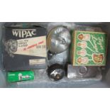 Box of vintage car and motorcycle accessories: Wypack type 575 spot lamp in original box, box of