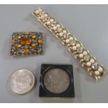 Flashy simulated pearl and stone set gilt metal bracelet, a vintage square section stone set foliate